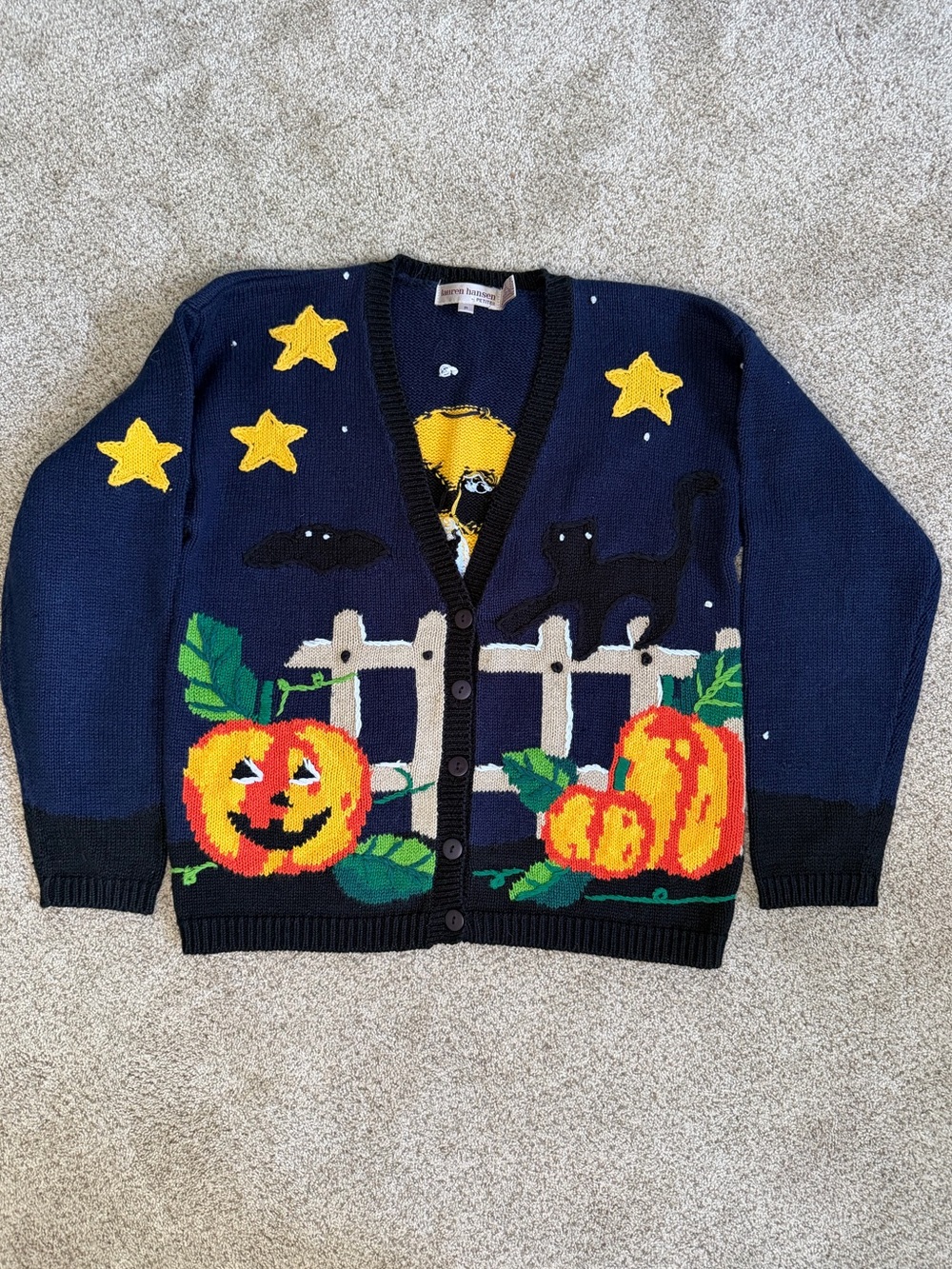 VTG Y2K Lauren Hansen Halloween Pumpkin Knit Cardigan Sweater Cats Bats